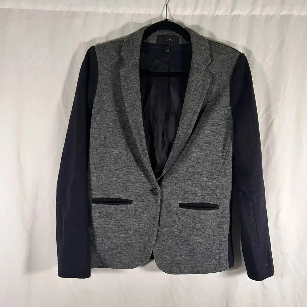 J. Crew Wool Blend Blazer Jacket Women's 4 Blue Grey Single Button Pockets